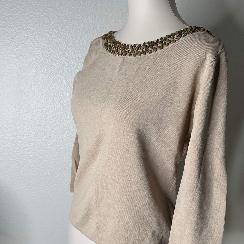 Joseph Cream Long Sleeve Top with Beaded Green Accent - Picture 6 of 9